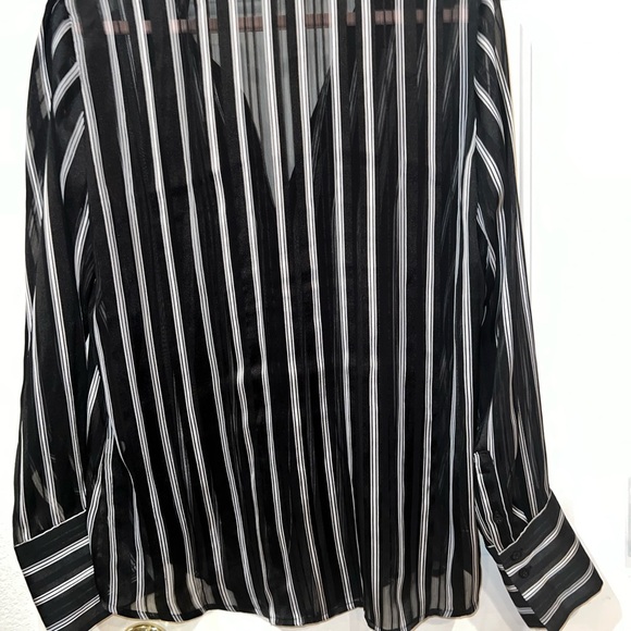 White House Black Market Black Sheer Shadow Stripe Button Down Shirt size 10 EUC - Picture 6 of 11